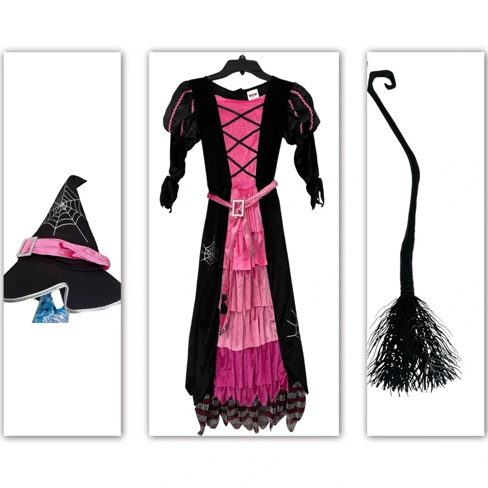 Witch costume dress, hat, broom Youth Large